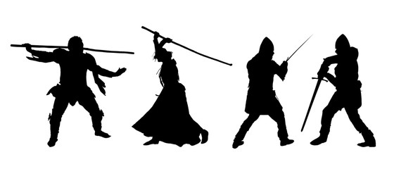 Set of silhouettes of fighters, men and women in armor with a sword and staff - vector