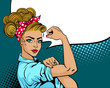 Pop art sexy strong woman. Classical american symbol of female power, woman rights, protest, feminism. Vector colorful hand drawn background in retro comic style. We Can Do It poster.
