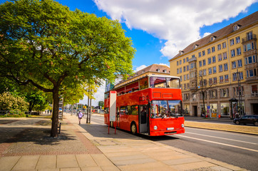 Classic red city sightseeing bus, Dresden, Saxony, Germany