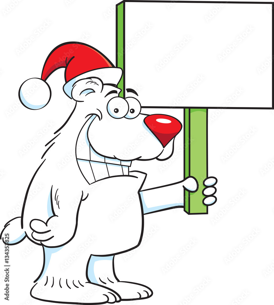 Cartoon illustration of a polar bear wearing a Santa hat and holding a ...
