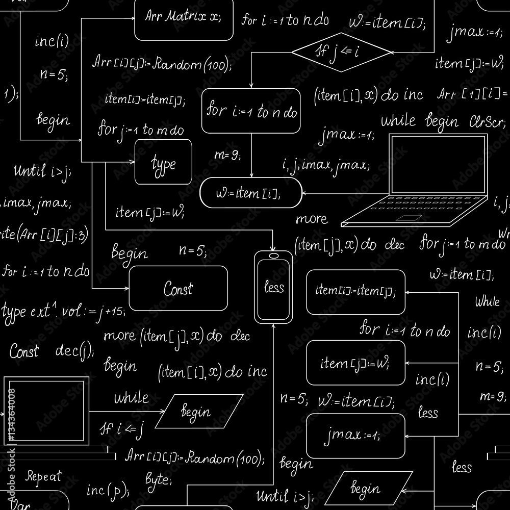 Technical vector seamless pattern with hand drawn technical devices, handwritten formulas, schemes, programming code, program flow diagrams