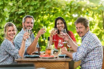 Poster - Group of friends toasting during a party on a terrace in summer