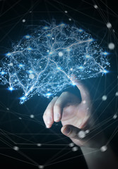 Poster - Businesswoman touching digital x-ray human brain with her finger