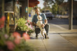 © Erickson Stock - Mid-adult man crouching with a small dog on the street.