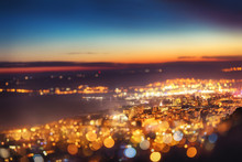 Tilt Shift Blur Effect. Night Aerial View Panorama Of Varna Town