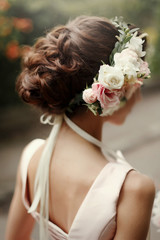 Wall Mural - wedding hair style. luxury pink floral wreath on bride hair  in