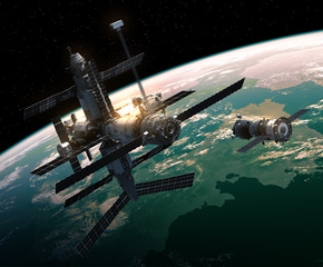 Wall Mural - spacecraft is preparing to dock with space station