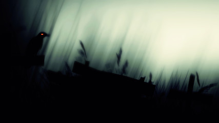 Wall Mural - Crow sitting on a gravestone silhouette abstract background./Horror Movie Scene Posters background./	