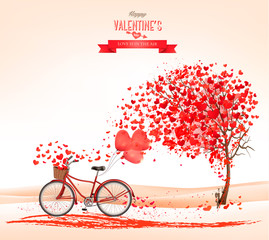 Leinwandbilder - Valentine's Day background with a heart shaped tree and a bicycl
