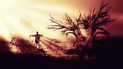 Wall Mural - horror movie scene posters background./ horror halloween gravestone spooky tree