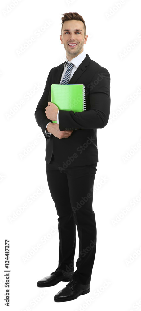 Young teacher with notebook on white background