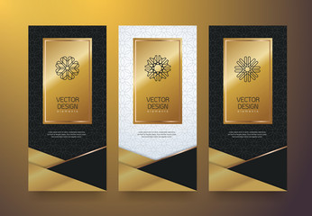 Wall Mural - Vector set packaging templates black golden labels and frames for luxury products in trendy linear style,banner,tag,identity, branding,vector illustration