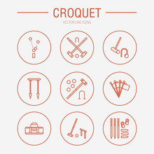 Croquet Sport Game Vector Line Icons. Ball, Mallets, Hoops, Pegs, Corner Flags. Garden, Lawn Activities Signs Set, Championship Pictograms With Editable Stroke For Club, Equipment Store.