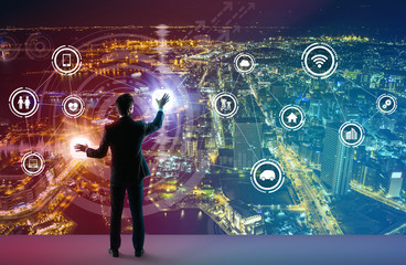 Poster - young business person and graphical user interface concept, Internet of Things, Information Communication Technology, Smart City, digital transformation, abstract image visual