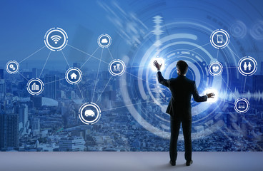 Leinwandbilder - young business person and graphical user interface concept, Internet of Things, Information Communication Technology, Smart City, digital transformation, abstract image visual