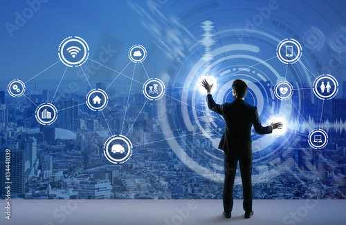 Fotografía young business person and graphical user interface concept, Internet of Things,