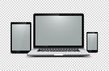 Black laptop, tablet, phone on transparent background
