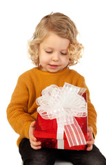 Poster - Small blond child with a red present isolated