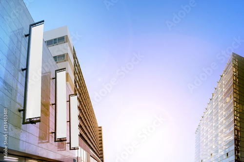 Blank White Vertical Banners On Building Facade Design Mockup