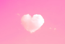 Beautiful Clouds In Heart Shape On Pink Sky In Vintage Style For Happy Valentines Day Or Wedding Concept And Copy Space.