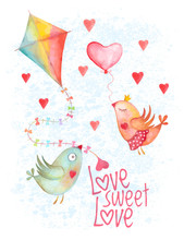 Valentine Day Birds Couple With Heart And Kite On Blue Background. Not Autotrace