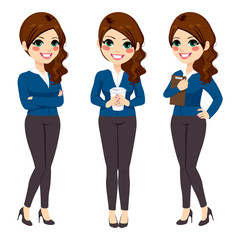 Wall Mural - Beautiful young businesswoman on three different pose with coffee crossed arms and folder