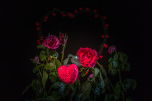 Rose Flowers In Front Of Heart Shape Background With Hundred Of Hearts Bokeh
 In The Black Background Of Valentine Day