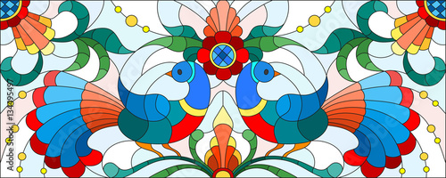 Dekoracja na wymiar  ilustracja-w-stylu-witrazu-z-para-abstrakcyjnych-ptakow-kwiatow-i-wzorow-na