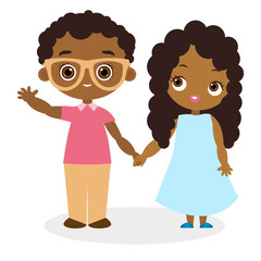 African American girl and young african american boy with glasses. Vector illustration eps 10 isolated on white background. Flat cartoon style.