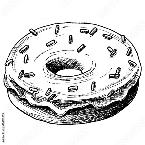 Sketch ink graphic donut illustration, vector draft silhouette drawing