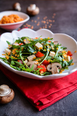 Canvas Print - Vegetable salad with arugula, red lentils, mushrooms and smoked Tofu cheese