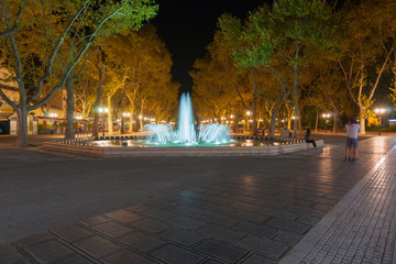 Sticker - Illuminated fountain and tree lined promenade long exposure night scene