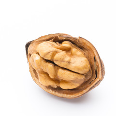 Walnut and walnut kernel isolated on the white background.