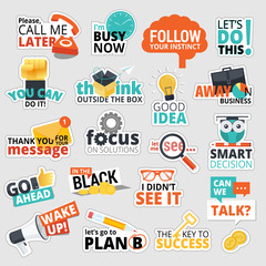 Wall Mural - Set of flat design business stickers. Isolated vector illustrations for business communication, social network, social media, web design, business presentation, marketing material.