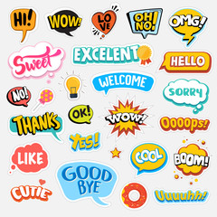 set of flat design social network stickers. isolated vector illustrations for online communication, 