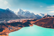Himalayas. View from Gokyo Ri, 5360 meters up in the Himalaya Mountains of Nepal, snow covered high peaks and lake not far from Everest. Beautiful nature landscape. Travel background.