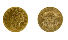 1876 Heads And Tails Twenty Dollar Gold Coin. Isolated.