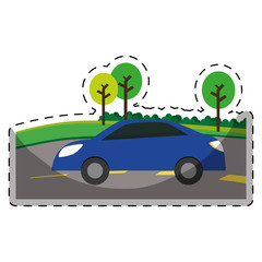 Sticker - car on the road icon image vector illustration design 