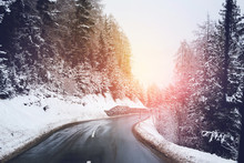 Winter Road Icy Forest Covered Snow Scenic Mountain Austria