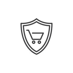 Shield with shopping cart line icon, outline vector sign, linear pictogram isolated on white. Buyer Protection symbol, logo illustration