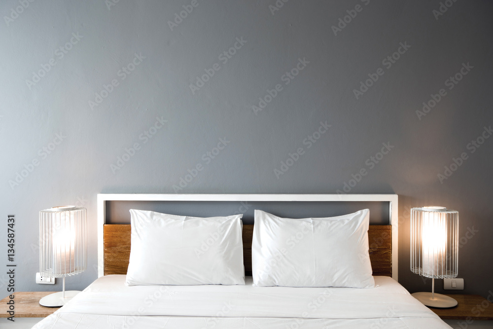 Modern bedroom design, Double bed - obrazy, fototapety, plakaty 