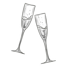 Monochrome sketch style illustration of two glasses of champagne on white background. Vector.