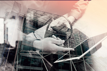 Poster - double exposure of man hand using VOIP headset with digital tabl