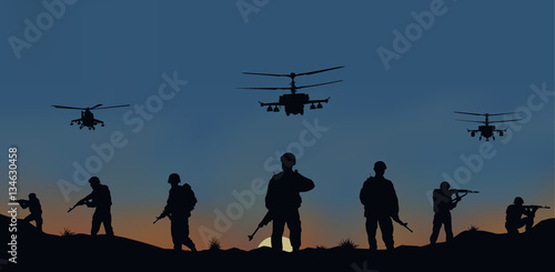 Plakat Ilustracja, żołnierze zamierzają zaatakować i śmigłowce.