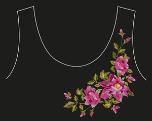 Wall Mural - Embroidery colorful neck line floral pattern with dog roses. Vector asymmetrical traditional folk flowers ornament on black background.