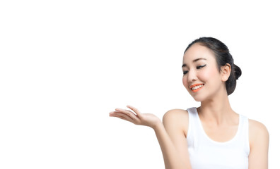 Asian young woman beautiful smile with posture present something in blank hand isolate on white background