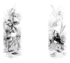 Canvas Print - The devil and the young mother, vintage engraving.