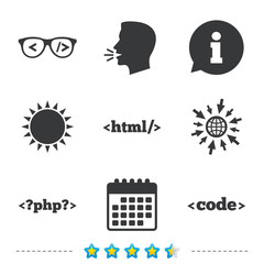 Programmer coder glasses. HTML markup language.