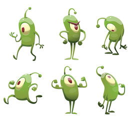 Vector set of cartoon images of funny green microbes with one big eye, with an antenna, with arms and legs, in different actions on a white background. Positive character. Creature.