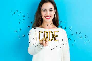 code text with young woman